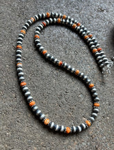 Load image into Gallery viewer, Sterling Silver Orange Spiny Oyster W 6mm Pearls Bead Necklace. 24 inch