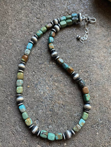 Sterling Silver Blue Green Turquoise W Navajo Pearls Bead Necklace 16 inch