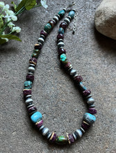 Load image into Gallery viewer, Sterling Silver Turquoise Nuggets W Purple Spiny Oyster Bead Necklace 19 inch