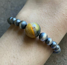 Load image into Gallery viewer, Bumblebee Jasper W Navajo Pearls Sterling Silver Bead Bracelet.