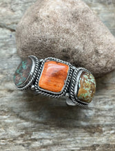 Load image into Gallery viewer, Navajo Sterling Silver Turquoise Spiny Oyster Row Cuff Bracelet. CY