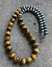 Load image into Gallery viewer, Sterling Silver Tiger’s Eye W Navajo Pearls Bead Necklace. 18 inch. Gift