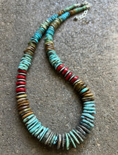 Load image into Gallery viewer, Sterling Silver Blue Green Turquoise W Red Coral Bead Necklace 19 Inch