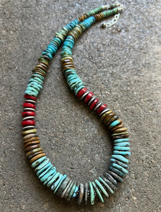 Sterling Silver Blue Green Turquoise W Red Coral Bead Necklace 19 Inch