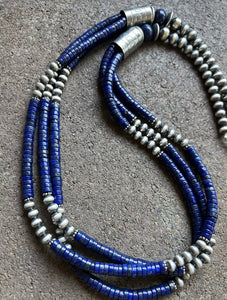 Sterling Silver Multi Strand Lapis W Pearls Bead Necklace. 28 inch