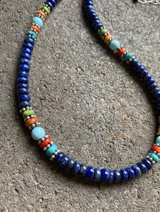 Sterling Silver Lapis Multi Stone Bead Necklace. 18 inch. Gift