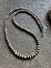 Load image into Gallery viewer, Sterling Silver Orange Spiny Oyster W 6mm Pearls Bead Necklace. 24 inch