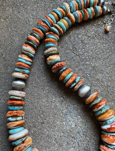 Sterling Silver Graduated Turquoise W Spiny Oyster Bead Necklace. 18 inch