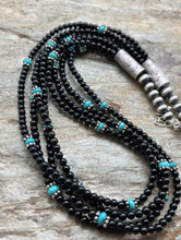Load image into Gallery viewer, Sterling Silver Multi Strand Black Onyx with Turquoise Bead Necklace. 22 Inch