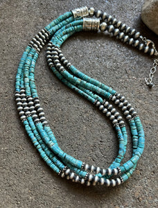 Sterling Silver Multi Strand Turquoise W Pearls Bead Necklace. 24 inch
