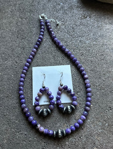 Sterling Silver Purple Charoite Bead Necklace W Earrings Set. Gift 18 Inch