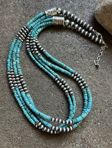 Sterling Silver Multi Strand Turquoise W Pearls Bead Necklace. 24 inch