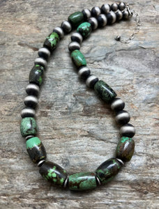 Sterling Silver Green Turquoise W Pearls Bead Necklace. 18 inch
