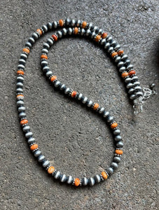 Sterling Silver Orange Spiny Oyster W 6mm Pearls Bead Necklace. 24 inch