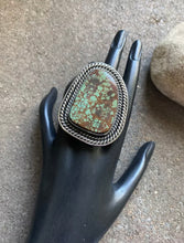 Load image into Gallery viewer, Native American Sterling Silver Green Royston Turquoise Adjustable Ring. CY