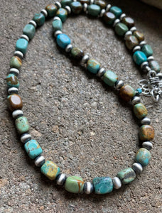 Sterling Silver Blue Green Turquoise W Pearls Bead Necklace. 18 inch