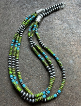 Load image into Gallery viewer, Sterling Silver Multi Strand Blue Green Turquoise Bead Necklace. 24 inch