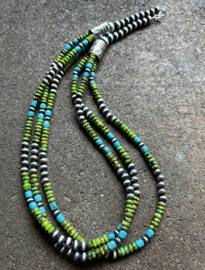 Sterling Silver Multi Strand Blue Green Turquoise Bead Necklace. 24 inch