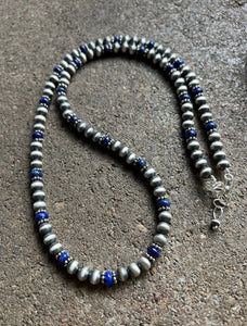 Sterling Silver Blue Lapis W 6mm Pearls Bead Necklace. 24 inch