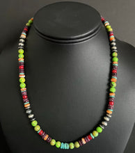 Load image into Gallery viewer, Sterling Silver Green Turquoise Spiny Multi Stone Bead Necklace. 18 Inch