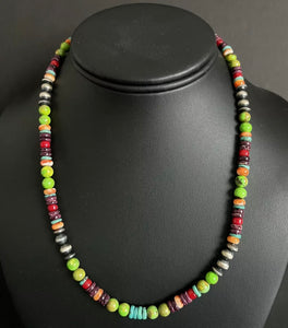 Sterling Silver Green Turquoise Spiny Multi Stone Bead Necklace. 18 Inch