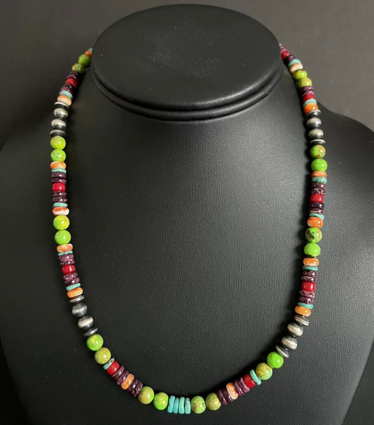 Sterling Silver Green Turquoise Spiny Multi Stone Bead Necklace. 18 Inch