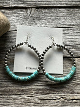 Load image into Gallery viewer, Sterling Silver Heishi Turquoise Oxidized Pearls Bead Hoop Earrings. 2.4 Inch