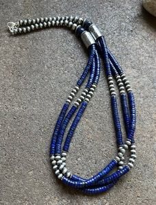 Sterling Silver Multi Strand Lapis W Pearls Bead Necklace. 28 inch