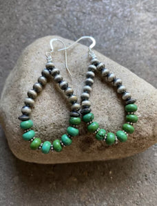 Sterling Silver Green Turquoise W Pearls Bead Loop Earrings.