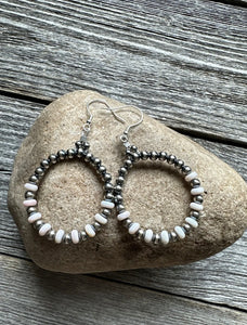 Sterling Silver Pink Conch W Pearls Bead Hoop Earrings. 2.5 Inch.