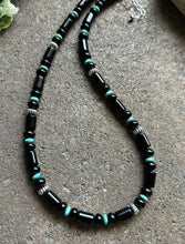 Load image into Gallery viewer, Sterling Silver Graduated Black Onyx Turquoise Bead Necklace. 20 Inch