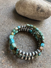 Load image into Gallery viewer, Sterling Silver Blue Green Turquoise Navajo Pearls Wrap Spiral Bead Bracelet