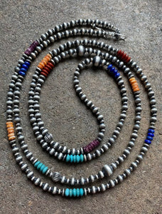 Long Sterling Silver Multi Stone Bead Necklace. 60 inch