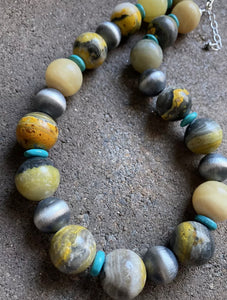 Sterling Silver Bumblebee Jasper W 16mm Navajo Pearls Bead Necklace. 18 inch
