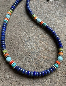 Sterling Silver Lapis Multi Stone Bead Necklace. 18 inch. Gift