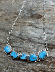Zuni Sterling Silver Blue Turquoise Bar Chain Necklace. 19 inch. Gloria G
