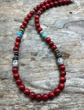 Load image into Gallery viewer, Sterling Silver Multi Stone Red Coral Bead Necklace 18 inch