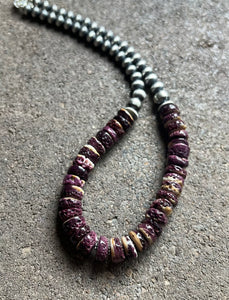 Sterling Silver Purple Spiny Oyster with Pearls Bead Necklace. 18 inch