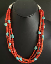 Load image into Gallery viewer, Sterling Silver Multi Strand Coral Turquoise Bead Necklace 24 Inch