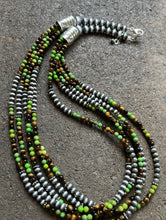 Load image into Gallery viewer, Sterling Silver Multi Strand Green Turquoise Tigers Eye Bead Necklace. 24 inch