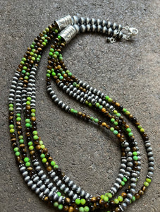 Sterling Silver Multi Strand Green Turquoise Tigers Eye Bead Necklace. 24 inch