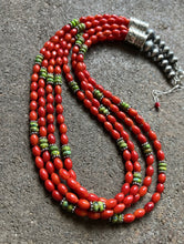 Load image into Gallery viewer, Sterling Silver Multi Strand Coral Green Turquoise Bead Necklace 22 Inch