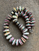 Load image into Gallery viewer, Sterling Silver Purple Spiny Oyster with Turquoise Bead Necklace. 18 inch