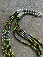 Load image into Gallery viewer, Sterling Silver Multi Strand Green Turquoise Tigers Eye Bead Necklace. 24 inch