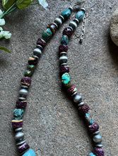 Load image into Gallery viewer, Sterling Silver Turquoise Nuggets W Purple Spiny Oyster Bead Necklace 19 inch