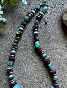 Sterling Silver Turquoise Nuggets W Purple Spiny Oyster Bead Necklace 19 inch