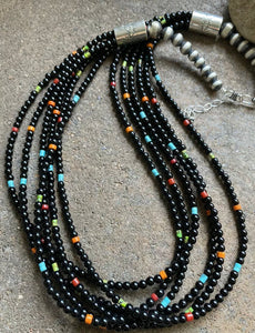 Sterling Silver Multi Strand Black Onyx Multi Stone Bead Necklace. 24 Inch