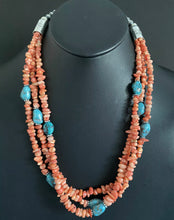 Load image into Gallery viewer, Sterling Silver Multi Strand Pink Coral Blue Turquoise Bead Necklace 24 Inch