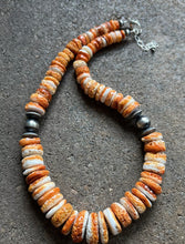 Load image into Gallery viewer, Sterling Silver Graduated Orange Spiny Oyster Bead Necklace. 18 inch