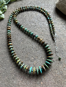 Long Sterling Silver Graduated Green Turquoise Bead Necklace. 36 inch